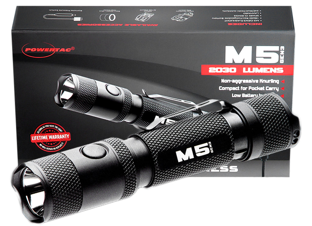 Powertac M5 Gen3 Flashlight & Spare Battery Case Bundle