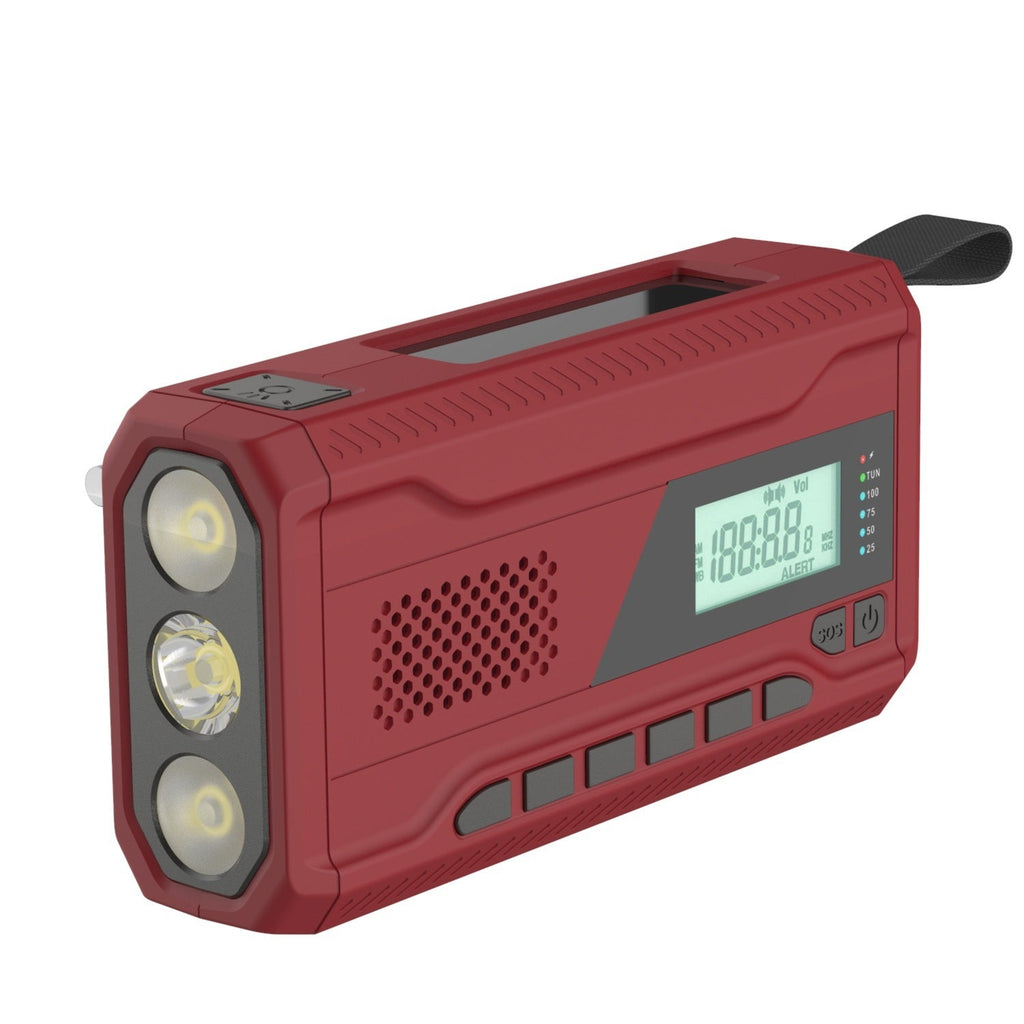 Red solar hand-crank emergency radio with flashlight and LCD display
