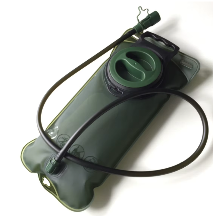 Army green hydration bladder with drinking tube and bite valve