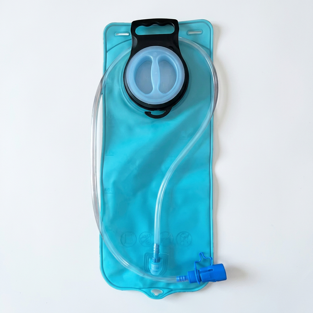 Sky blue hydration bladder with round screw cap, drinking tube and bite valve